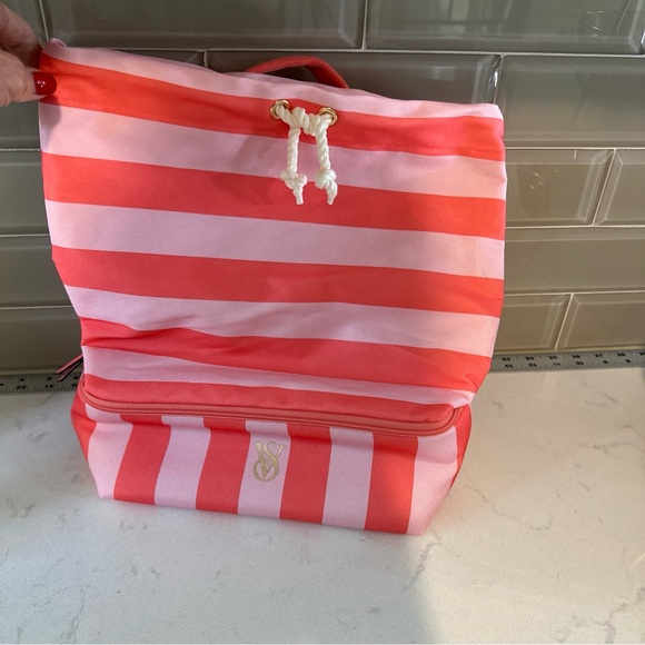 Victoria's Secret Pink & Coral Stripe ULTIMATE BEACH BAG backpack Cooler NWT - Picture 4 of 12